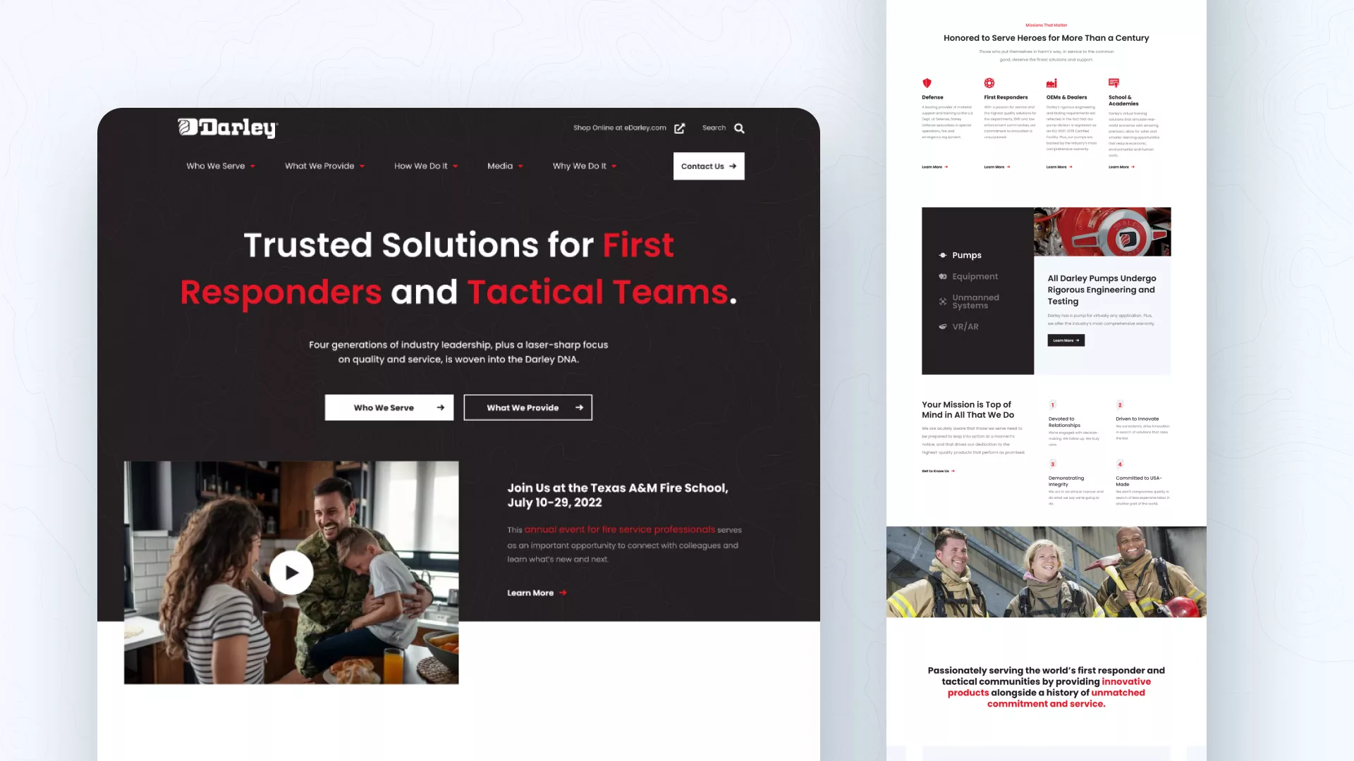 A graphic showcasing the layout design of Darley's website, with the words "Trusted Solutions for First Responders and Tactical Teams" at the center of the page.