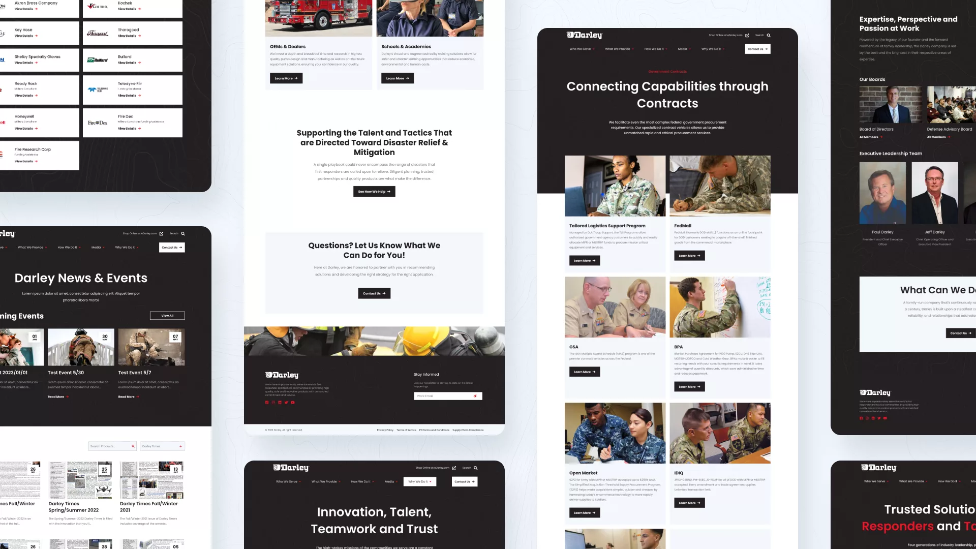 A graphic showcasing vaious pages of the Darley website in a white, black, and red color theme.